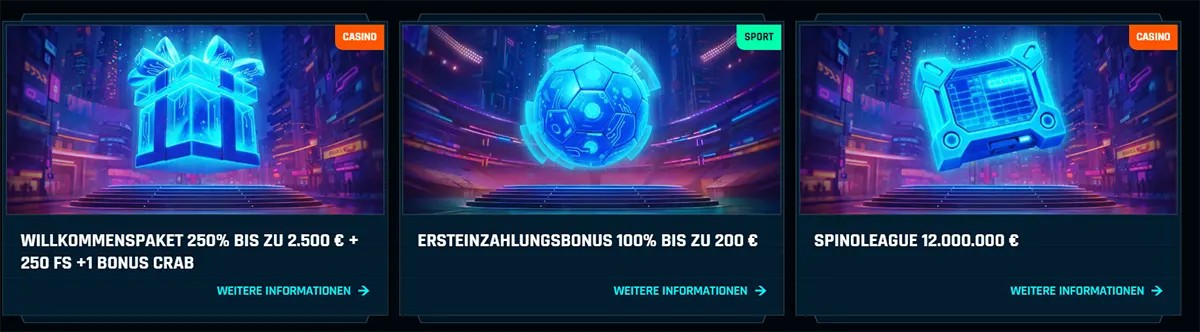 German online casino promotion cards showing a welcome package up to €2,500 + 250 free spins, a first deposit bonus up to €200, and a Spinoleague promotion with a €12,000,000 prize pool.
