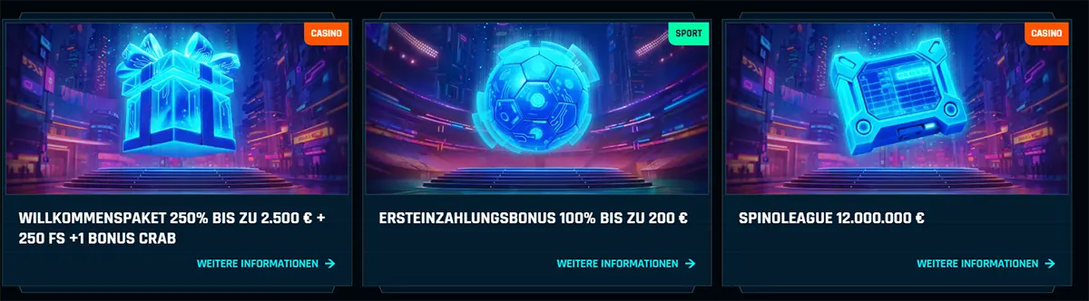 German online casino promotion cards showing a welcome package up to €2,500 + 250 free spins, a first deposit bonus up to €200, and a Spinoleague promotion with a €12,000,000 prize pool.