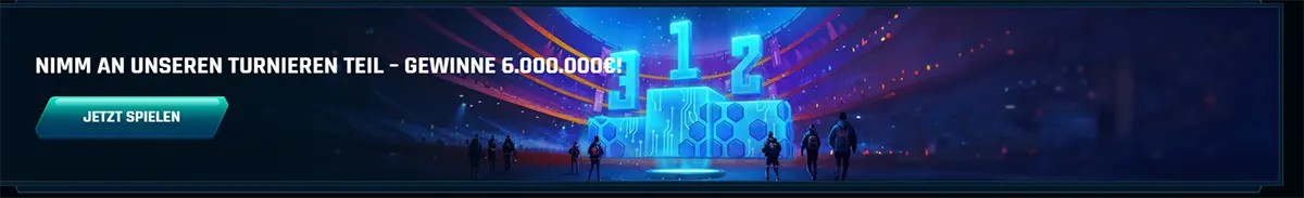 German casino tournament promotion banner inviting players to participate in tournaments and win up to €6,000,000, featuring a futuristic stage with podium numbers and a “Jetzt spielen” (Play Now) button.