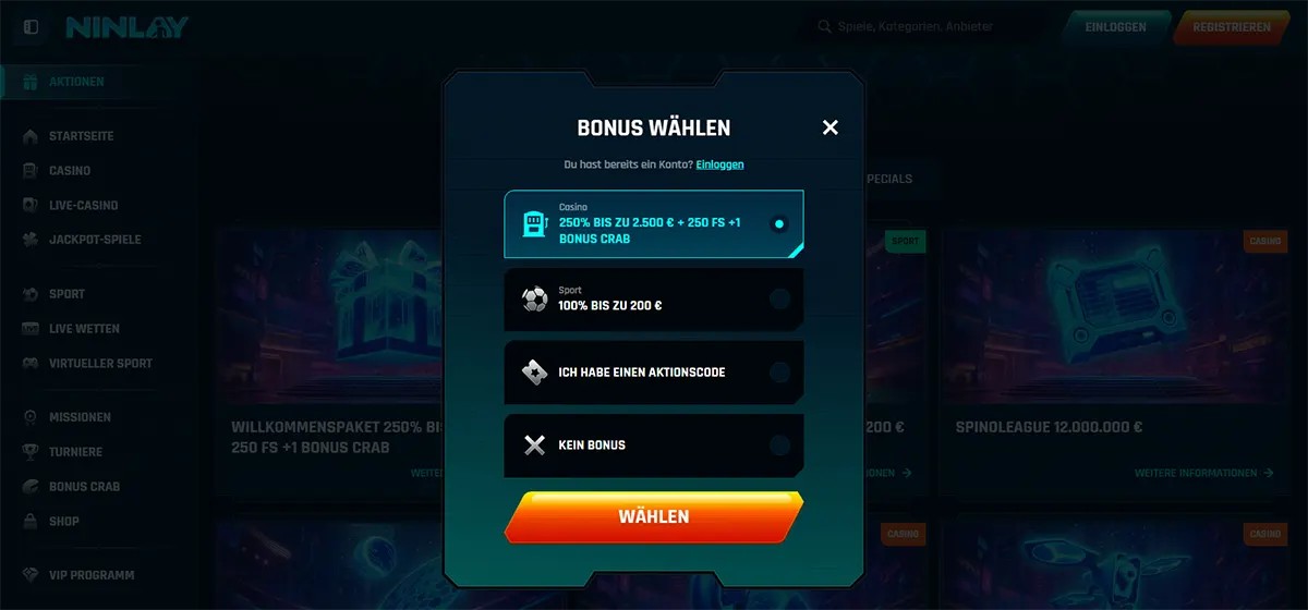 German online casino interface showing a “Bonus wählen” popup with welcome bonus options including a 250% casino bonus up to €2,500 + 250 free spins and bonus crab, a sports bonus up to €200, promo code entry, or choosing no bonus.