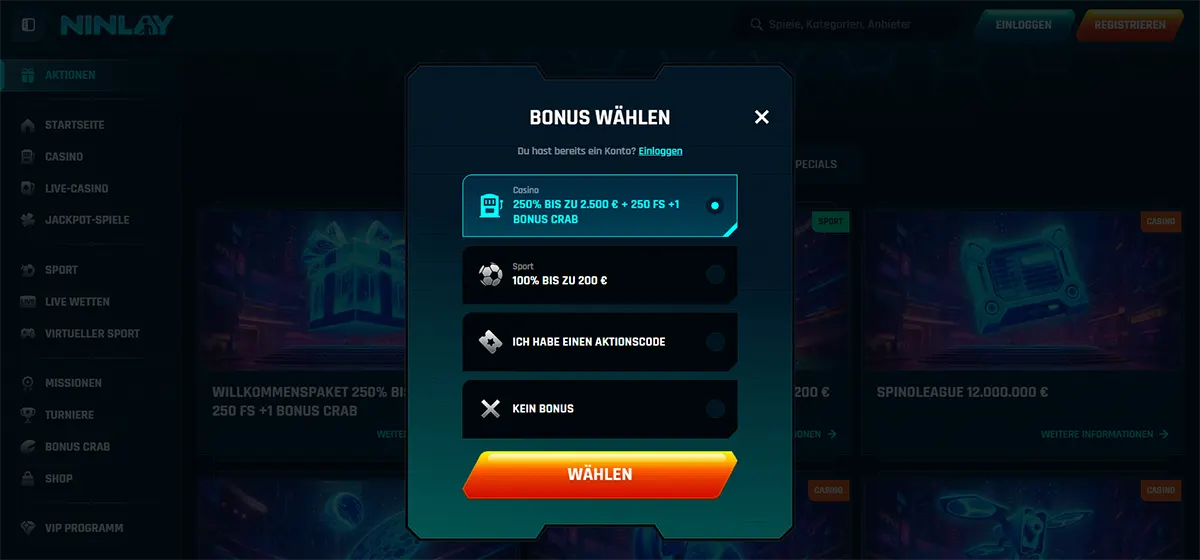 German online casino interface showing a “Bonus wählen” popup with welcome bonus options including a 250% casino bonus up to €2,500 + 250 free spins and bonus crab, a sports bonus up to €200, promo code entry, or choosing no bonus.